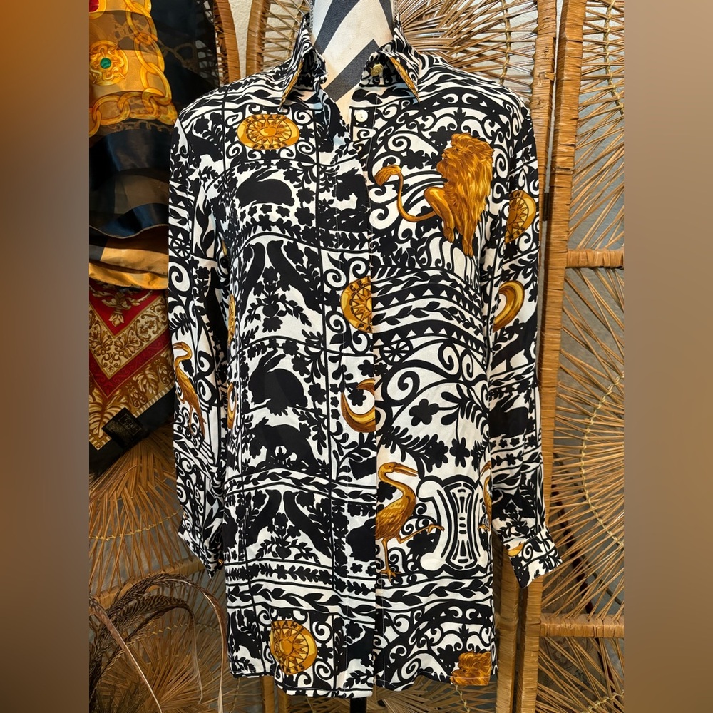 Vintage NWT 80s designer Paolo Santini geo animal print silk blouse